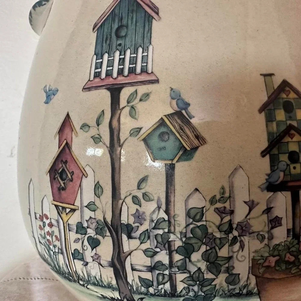 Hand painted ceramic pitcher with birdhouse design signed studio pottery